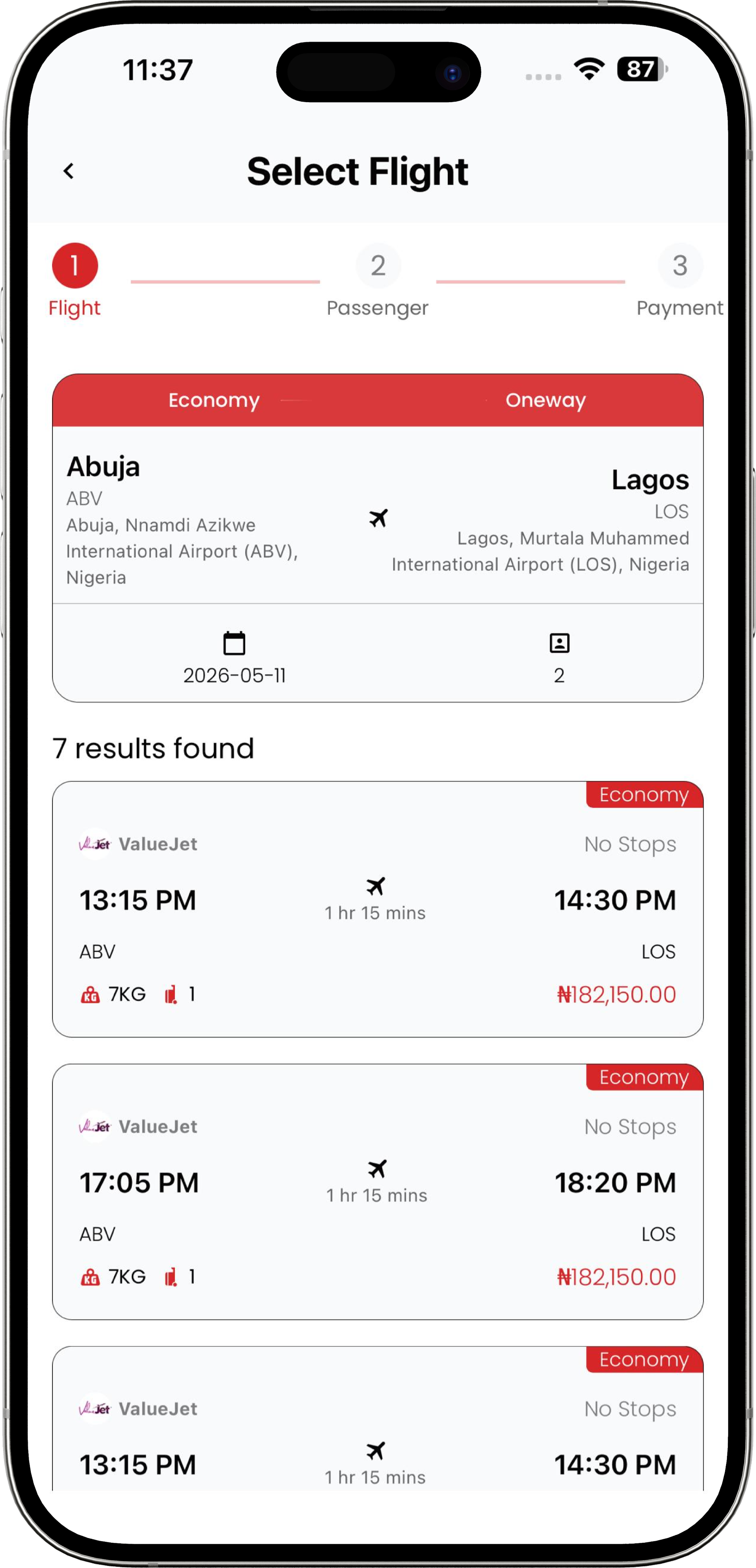 Select Flight screen