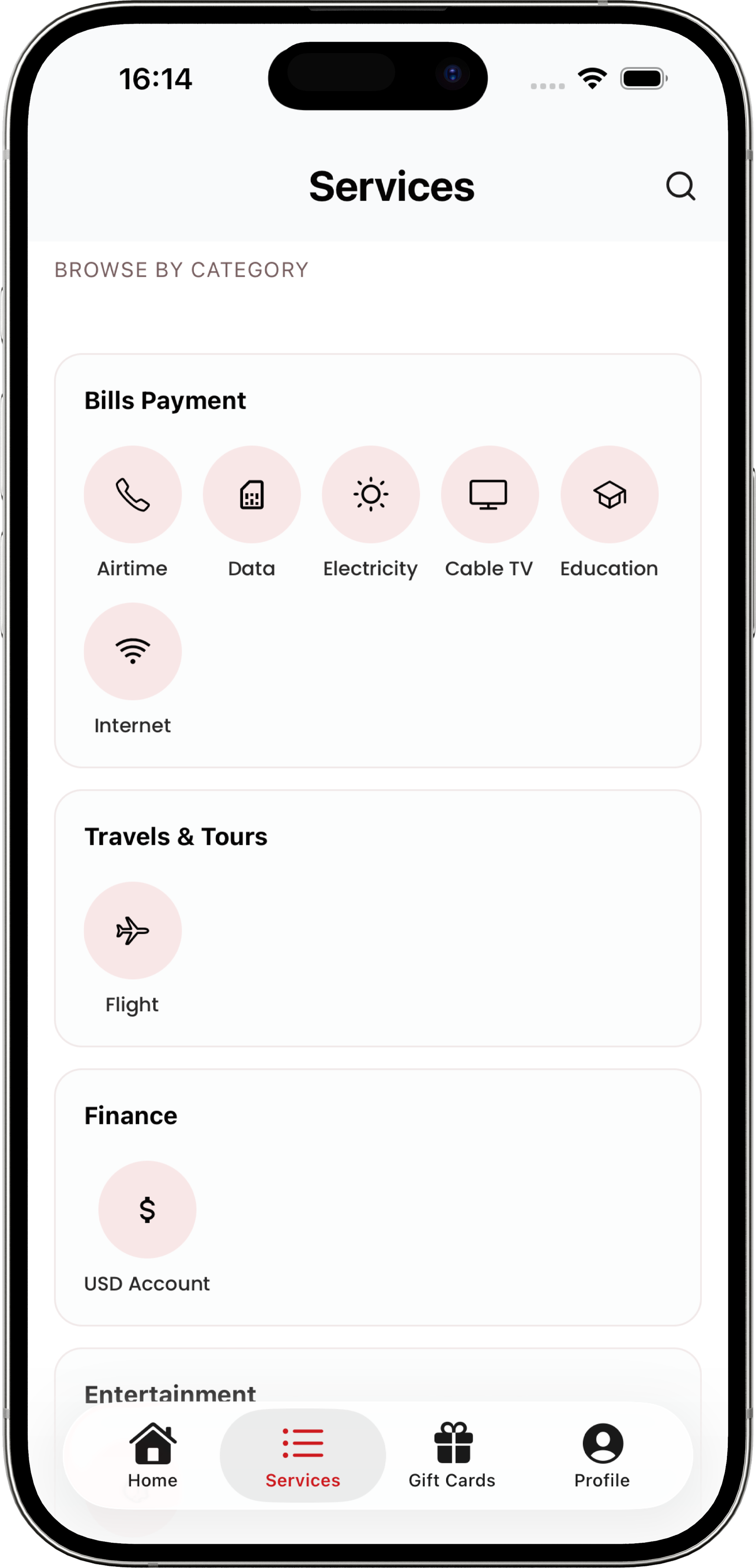 Services screen